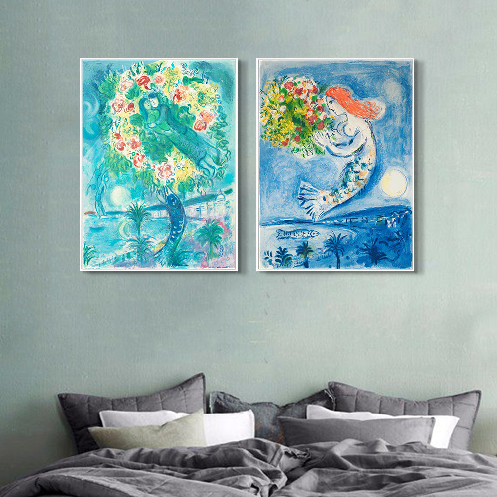 INVIN ART Framed Canvas Giclee Print Art Combo Painting 2 Pieces by Marc Chagall Wall Art Series#25 Living Room Home Office Decorations
