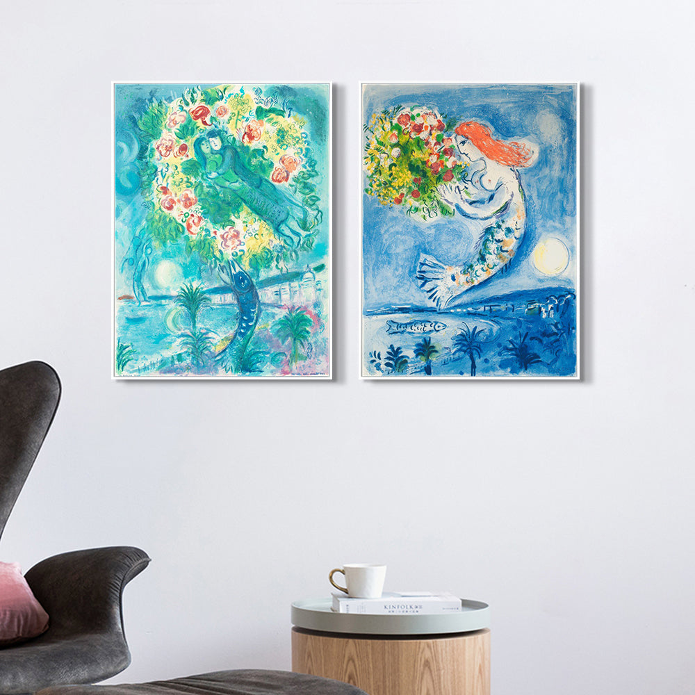 INVIN ART Framed Canvas Giclee Print Art Combo Painting 2 Pieces by Marc Chagall Wall Art Series#25 Living Room Home Office Decorations