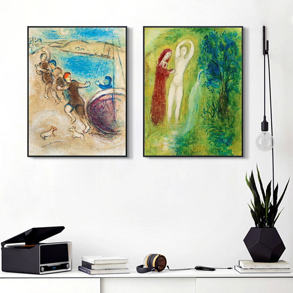INVIN ART Framed Canvas Giclee Print Art Combo Painting 2 Pieces by Marc Chagall Wall Art Series#27 Living Room Home Office Decorations