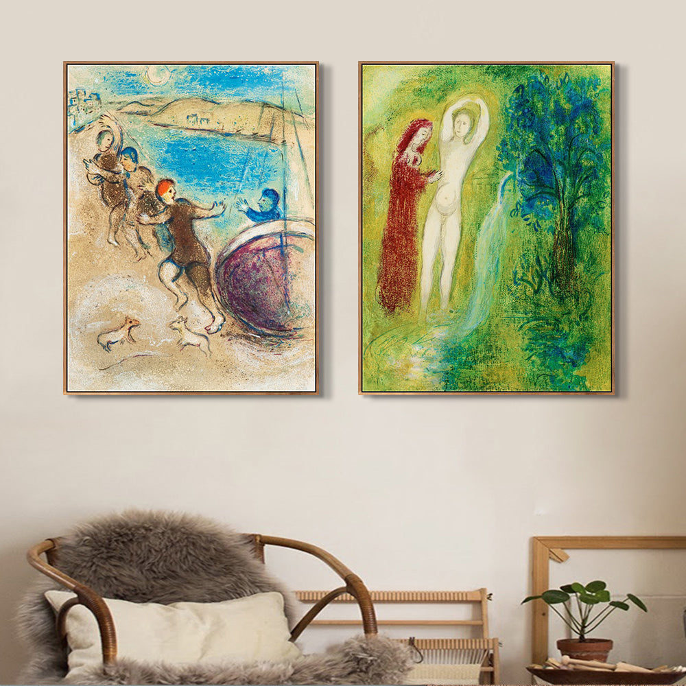 INVIN ART Framed Canvas Giclee Print Art Combo Painting 2 Pieces by Marc Chagall Wall Art Series#27 Living Room Home Office Decorations