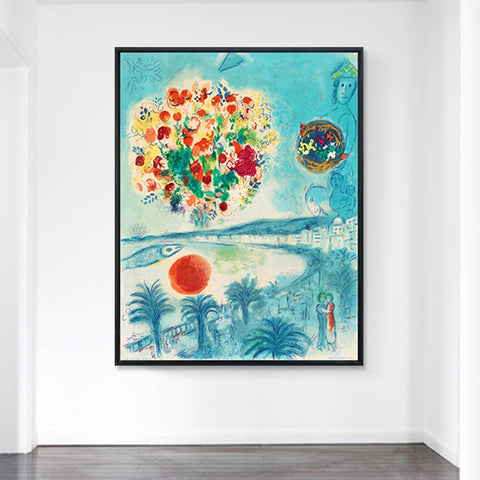 INVIN ART Framed Canvas Giclee Print Art Flower and sun by Marc Chagall Wall Art Living Room Home Office Decorations