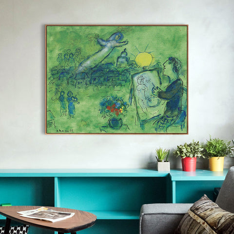 INVIN ART Framed Canvas Giclee Print Art Sun by Marc Chagall Wall Art Living Room Home Office Decorations