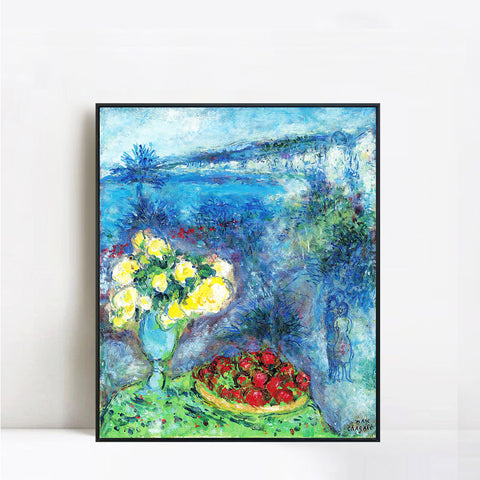 INVIN ART Framed Canvas Giclee Print Art Flower and Fruit by Marc Chagall Wall Art Living Room Home Office Decorations
