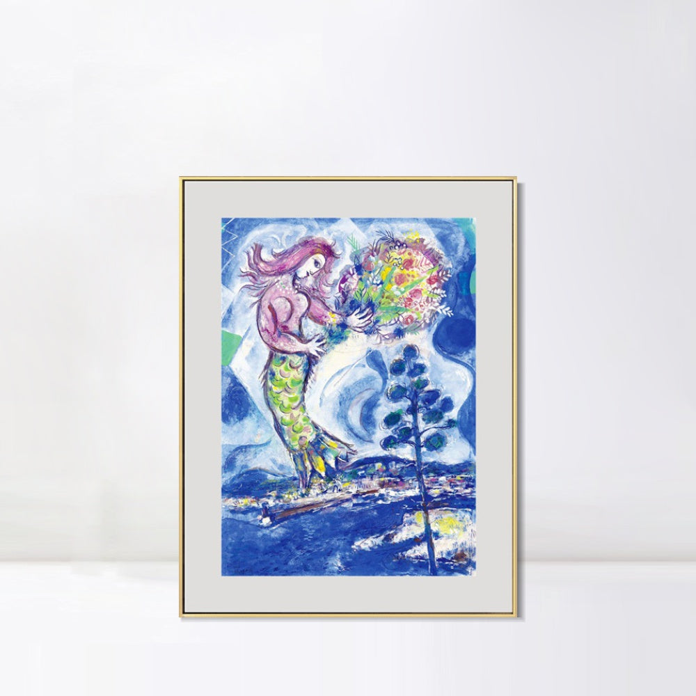 INVIN ART Mental Framed Canvas Giclee Print Art Mermaid by Marc Chagall Wall Art Living Room Home Office Decorations