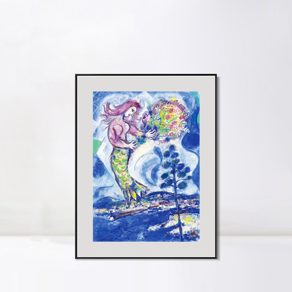 INVIN ART Mental Framed Canvas Giclee Print Art Mermaid by Marc Chagall Wall Art Living Room Home Office Decorations