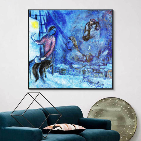 INVIN ART Framed Canvas Giclee Print Art Moon by Marc Chagall Wall Art Living Room Home Office Decorations