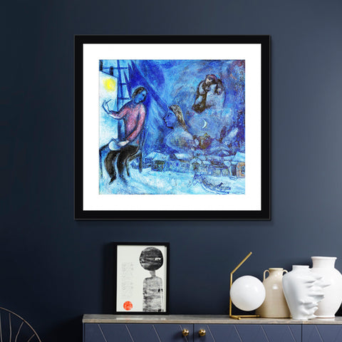 INVIN ART Framed Canvas Giclee Print Art Moon by Marc Chagall Wall Art Living Room Home Office Decorations