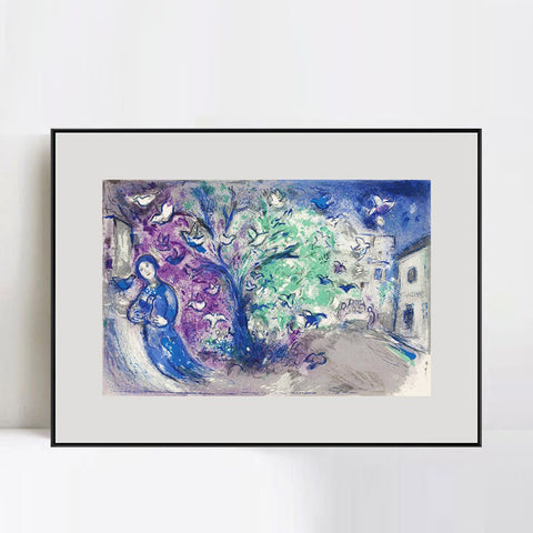 INVIN ART Mental Framed Canvas Giclee Print Art Tree and bird by Marc Chagall Wall Art Living Room Home Office Decorations