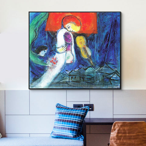 INVIN ART Framed Canvas Giclee Print Art Kissing by Marc Chagall Wall Art Living Room Home Office Decorations