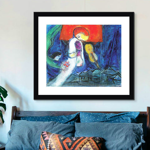 INVIN ART Framed Canvas Giclee Print Art Kissing by Marc Chagall Wall Art Living Room Home Office Decorations