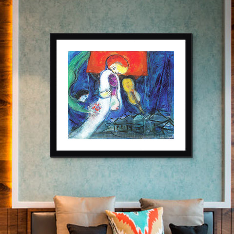 INVIN ART Framed Canvas Giclee Print Art Kissing by Marc Chagall Wall Art Living Room Home Office Decorations