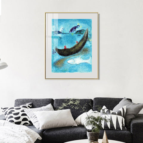 INVIN ART Mental Framed Canvas Giclee Print Art Boat and fish by Marc Chagall Wall Art Living Room Home Office Decorations