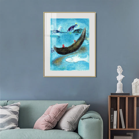INVIN ART Mental Framed Canvas Giclee Print Art Boat and fish by Marc Chagall Wall Art Living Room Home Office Decorations