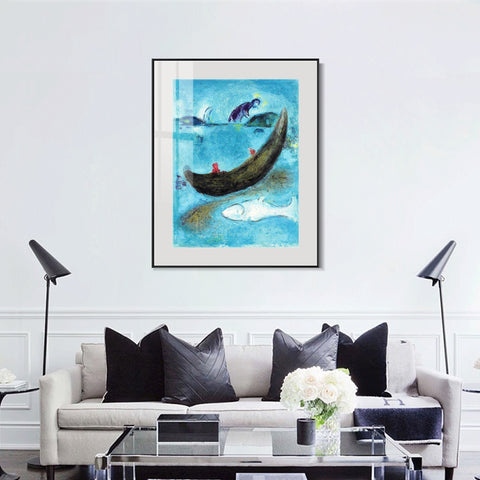 INVIN ART Mental Framed Canvas Giclee Print Art Boat and fish by Marc Chagall Wall Art Living Room Home Office Decorations