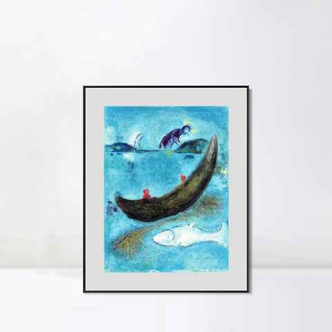 INVIN ART Mental Framed Canvas Giclee Print Art Boat and fish by Marc Chagall Wall Art Living Room Home Office Decorations