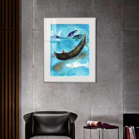INVIN ART Mental Framed Canvas Giclee Print Art Boat and fish by Marc Chagall Wall Art Living Room Home Office Decorations