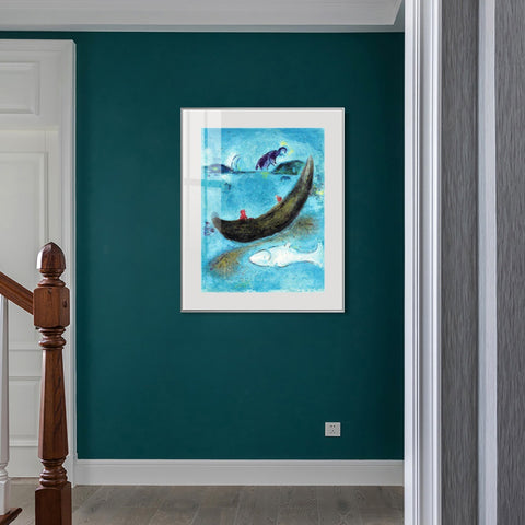 INVIN ART Mental Framed Canvas Giclee Print Art Boat and fish by Marc Chagall Wall Art Living Room Home Office Decorations