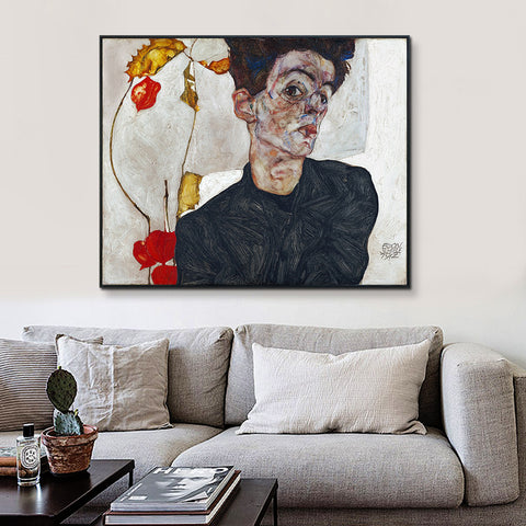 INVIN ART Framed Canvas Giclee Print Art Self Portrait by Egon Schiele Wall Art Living Room Home Office Decorations