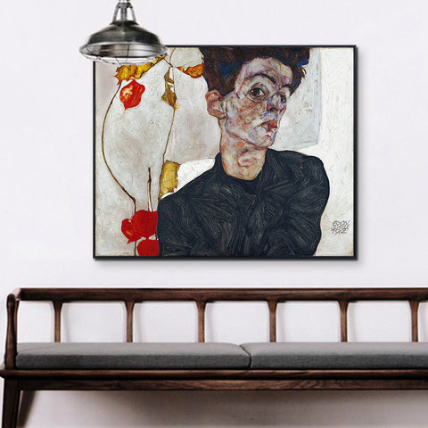 INVIN ART Framed Canvas Giclee Print Art Self Portrait by Egon Schiele Wall Art Living Room Home Office Decorations