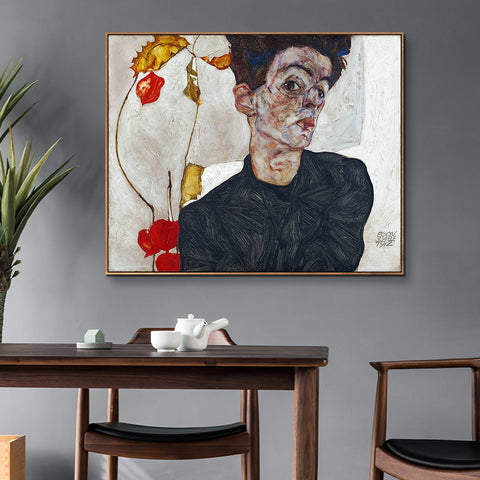 INVIN ART Framed Canvas Giclee Print Art Self Portrait by Egon Schiele Wall Art Living Room Home Office Decorations