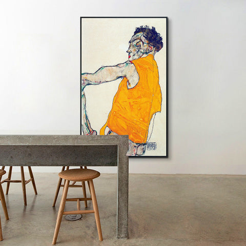 INVIN ART Framed Canvas Giclee Print Art Self-Portrait in Yellow Vest by Egon Schiele Wall Art Living Room Home Office Decorations