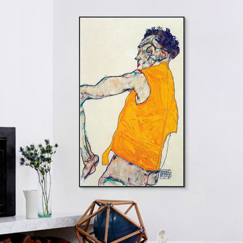 INVIN ART Framed Canvas Giclee Print Art Self-Portrait in Yellow Vest by Egon Schiele Wall Art Living Room Home Office Decorations