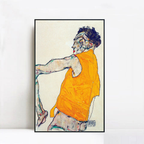 INVIN ART Framed Canvas Giclee Print Art Self-Portrait in Yellow Vest by Egon Schiele Wall Art Living Room Home Office Decorations