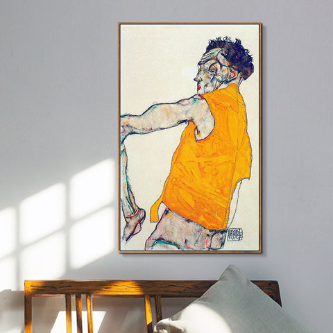 INVIN ART Framed Canvas Giclee Print Art Self-Portrait in Yellow Vest by Egon Schiele Wall Art Living Room Home Office Decorations