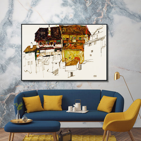 INVIN ART Framed Canvas Giclee Print Art Old Houses In Krumau by Egon Schiele Wall Art Living Room Home Office Decorations