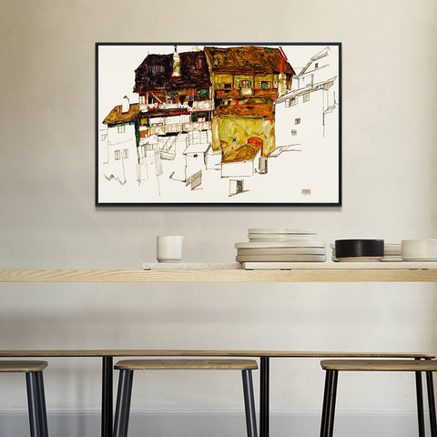 INVIN ART Framed Canvas Giclee Print Art Old Houses In Krumau by Egon Schiele Wall Art Living Room Home Office Decorations