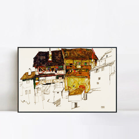 INVIN ART Framed Canvas Giclee Print Art Old Houses In Krumau by Egon Schiele Wall Art Living Room Home Office Decorations