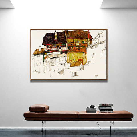 INVIN ART Framed Canvas Giclee Print Art Old Houses In Krumau by Egon Schiele Wall Art Living Room Home Office Decorations