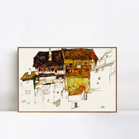 INVIN ART Framed Canvas Giclee Print Art Old Houses In Krumau by Egon Schiele Wall Art Living Room Home Office Decorations