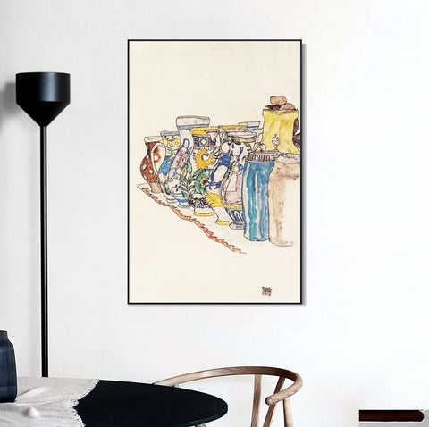 INVIN ART Framed Canvas Giclee Print Vases by Egon Schiele Wall Art Living Room Home Office Decorations
