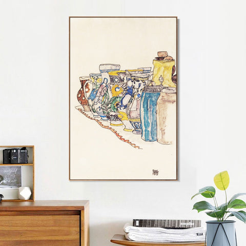 INVIN ART Framed Canvas Giclee Print Vases by Egon Schiele Wall Art Living Room Home Office Decorations