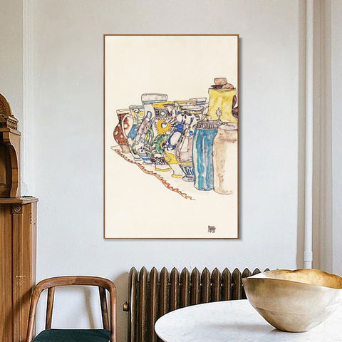 INVIN ART Framed Canvas Giclee Print Vases by Egon Schiele Wall Art Living Room Home Office Decorations