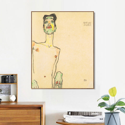 INVIN ART Framed Canvas Giclee Print Self Portrait by Egon Schiele Wall Art Living Room Home Office Decorations