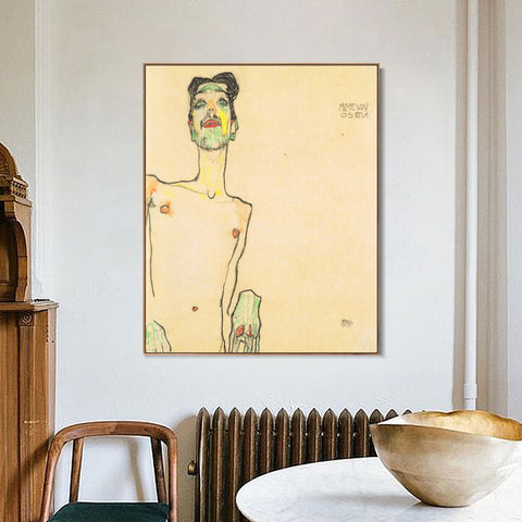 INVIN ART Framed Canvas Giclee Print Self Portrait by Egon Schiele Wall Art Living Room Home Office Decorations