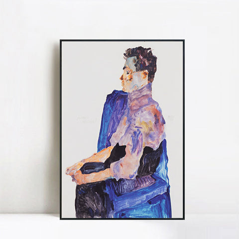 INVIN ART Framed Canvas Giclee Print the seated man by Egon Schiele Wall Art Living Room Home Office Decorations