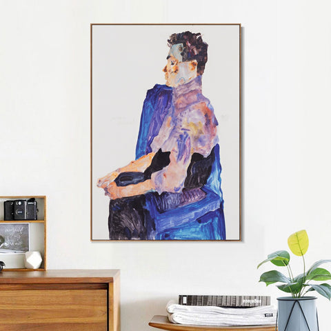 INVIN ART Framed Canvas Giclee Print the seated man by Egon Schiele Wall Art Living Room Home Office Decorations