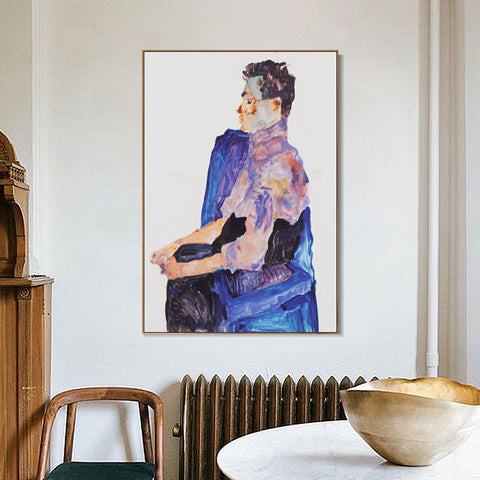 INVIN ART Framed Canvas Giclee Print the seated man by Egon Schiele Wall Art Living Room Home Office Decorations