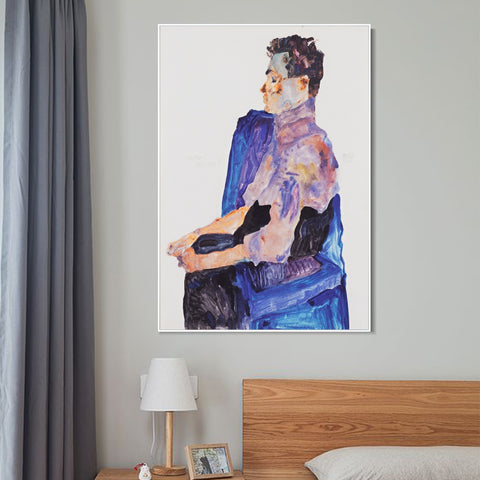 INVIN ART Framed Canvas Giclee Print the seated man by Egon Schiele Wall Art Living Room Home Office Decorations