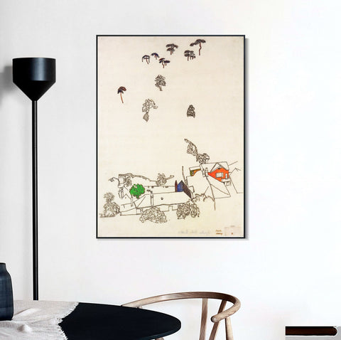 INVIN ART Framed Canvas Giclee Print Landscape In The Countryside by Egon Schiele Wall Art Living Room Home Office Decorations