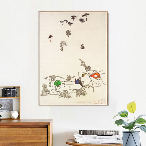 INVIN ART Framed Canvas Giclee Print Landscape In The Countryside by Egon Schiele Wall Art Living Room Home Office Decorations