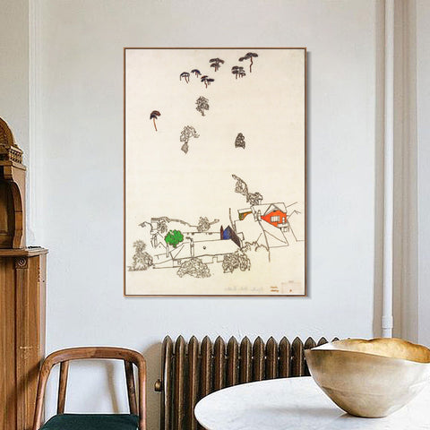 INVIN ART Framed Canvas Giclee Print Landscape In The Countryside by Egon Schiele Wall Art Living Room Home Office Decorations