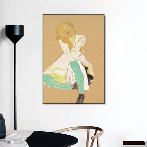 INVIN ART Framed Canvas Giclee Print Little Girl by Egon Schiele Wall Art Living Room Home Office Decorations