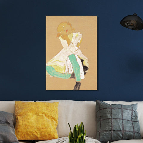 INVIN ART Framed Canvas Giclee Print Little Girl by Egon Schiele Wall Art Living Room Home Office Decorations