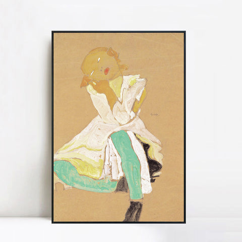INVIN ART Framed Canvas Giclee Print Little Girl by Egon Schiele Wall Art Living Room Home Office Decorations