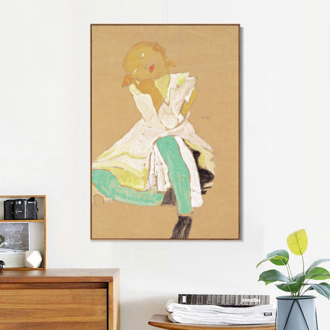 INVIN ART Framed Canvas Giclee Print Little Girl by Egon Schiele Wall Art Living Room Home Office Decorations