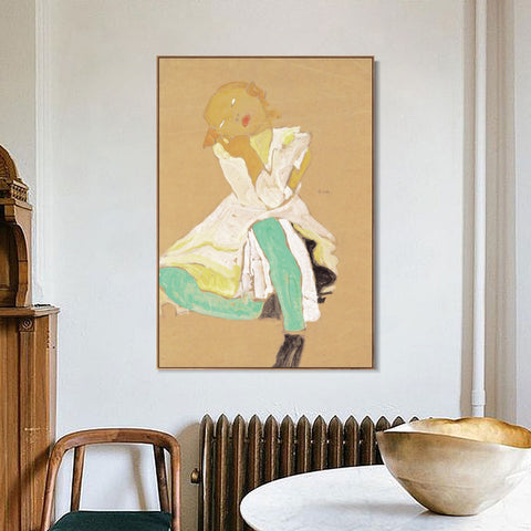 INVIN ART Framed Canvas Giclee Print Little Girl by Egon Schiele Wall Art Living Room Home Office Decorations